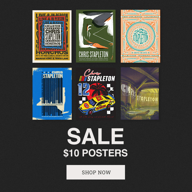 Collection of Chris Stapleton posters with a sale banner on a black background