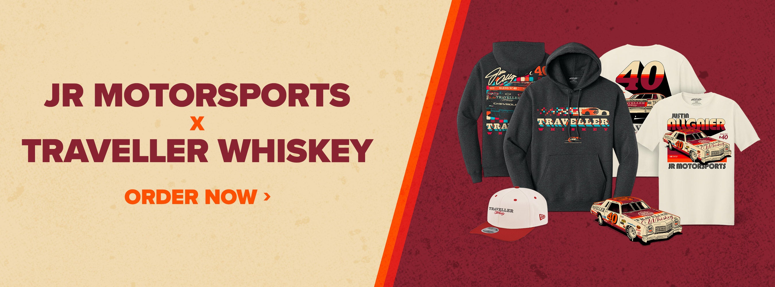 Collaboration between JR Motorsports and Traveller Whiskey with merchandise on a red and beige background.