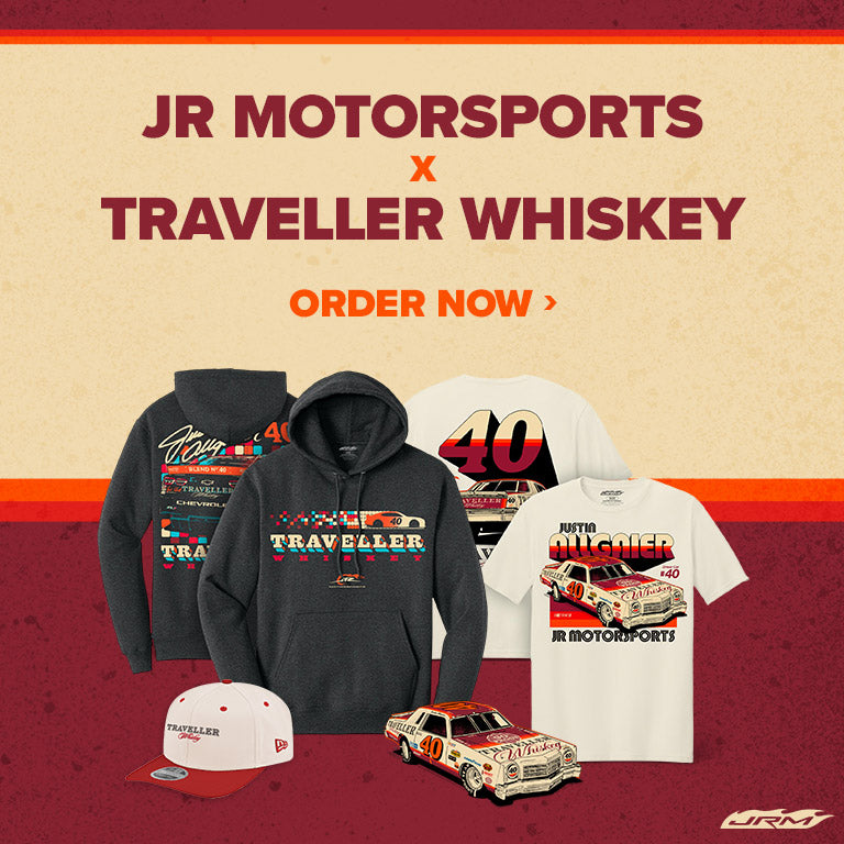 Collaboration between JR Motorsports and Traveller Whiskey with merchandise on a red and beige background.
