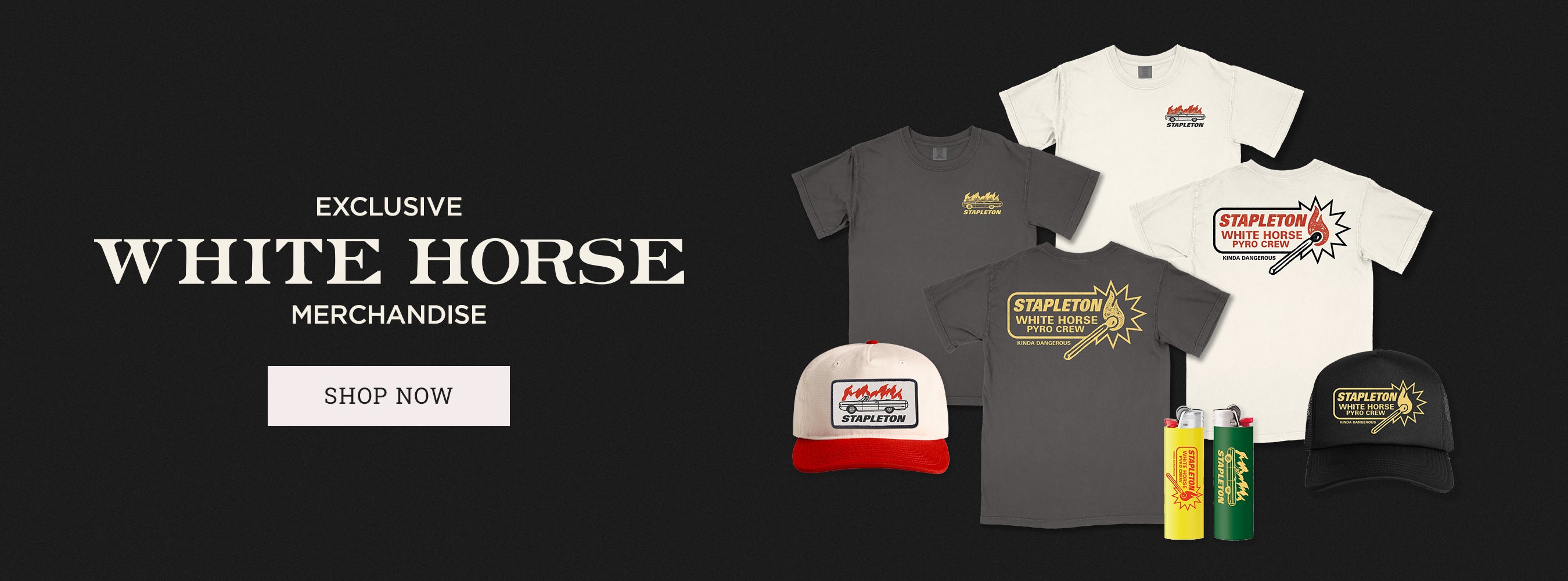 White Horse merchandise including t-shirts, hats, and bottles on a black background with 'Shop Now' button.